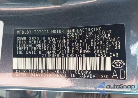 2018 Toyota Corolla Le from USA, damaged, VIN 2T1BURHEXJC991720